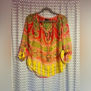 Hale Bob | Silk Print Beaded Tassel Top, Size XS
